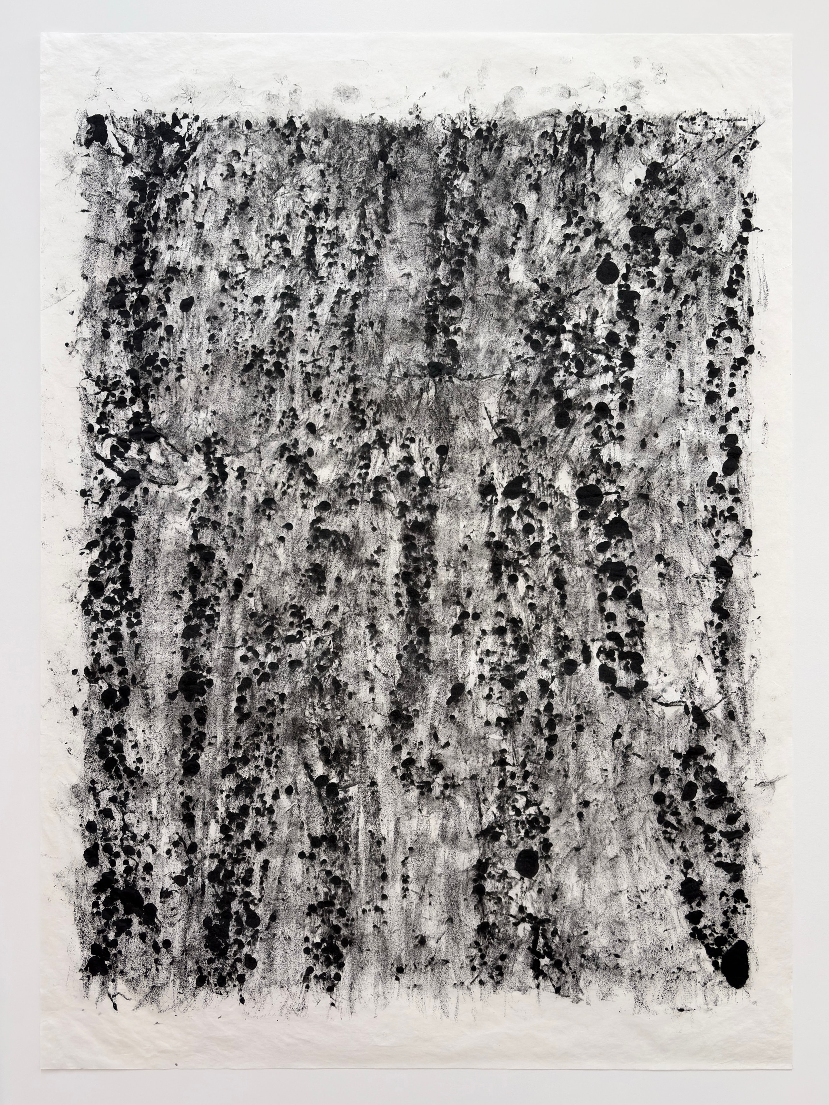 Being Here (Oak circumference in cyanometer #1), dense black gestural marks on white paper, 2025