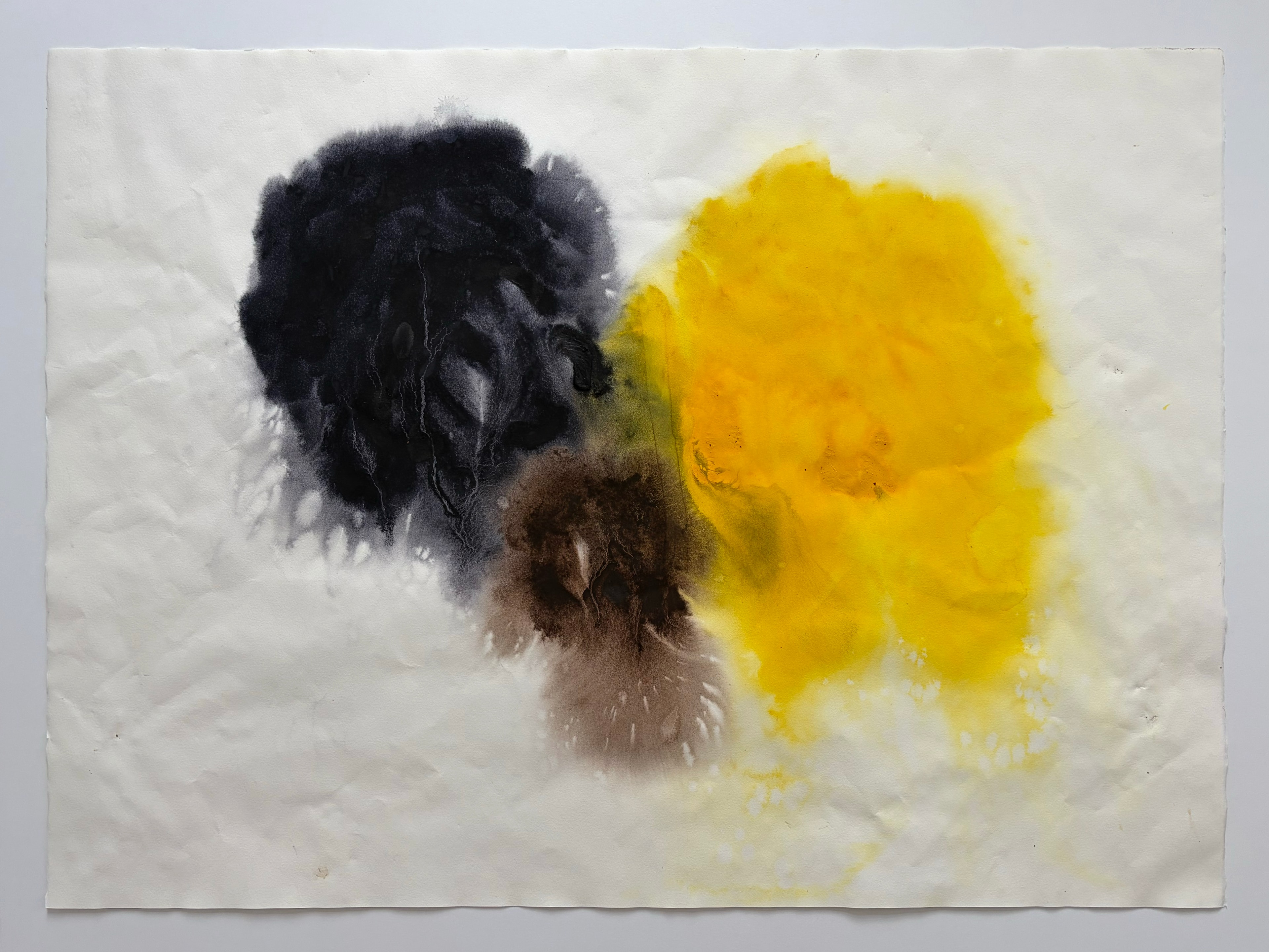 Big Hug, Big Kiss (Big moon), black and yellow watercolour forms on cream paper, 2025