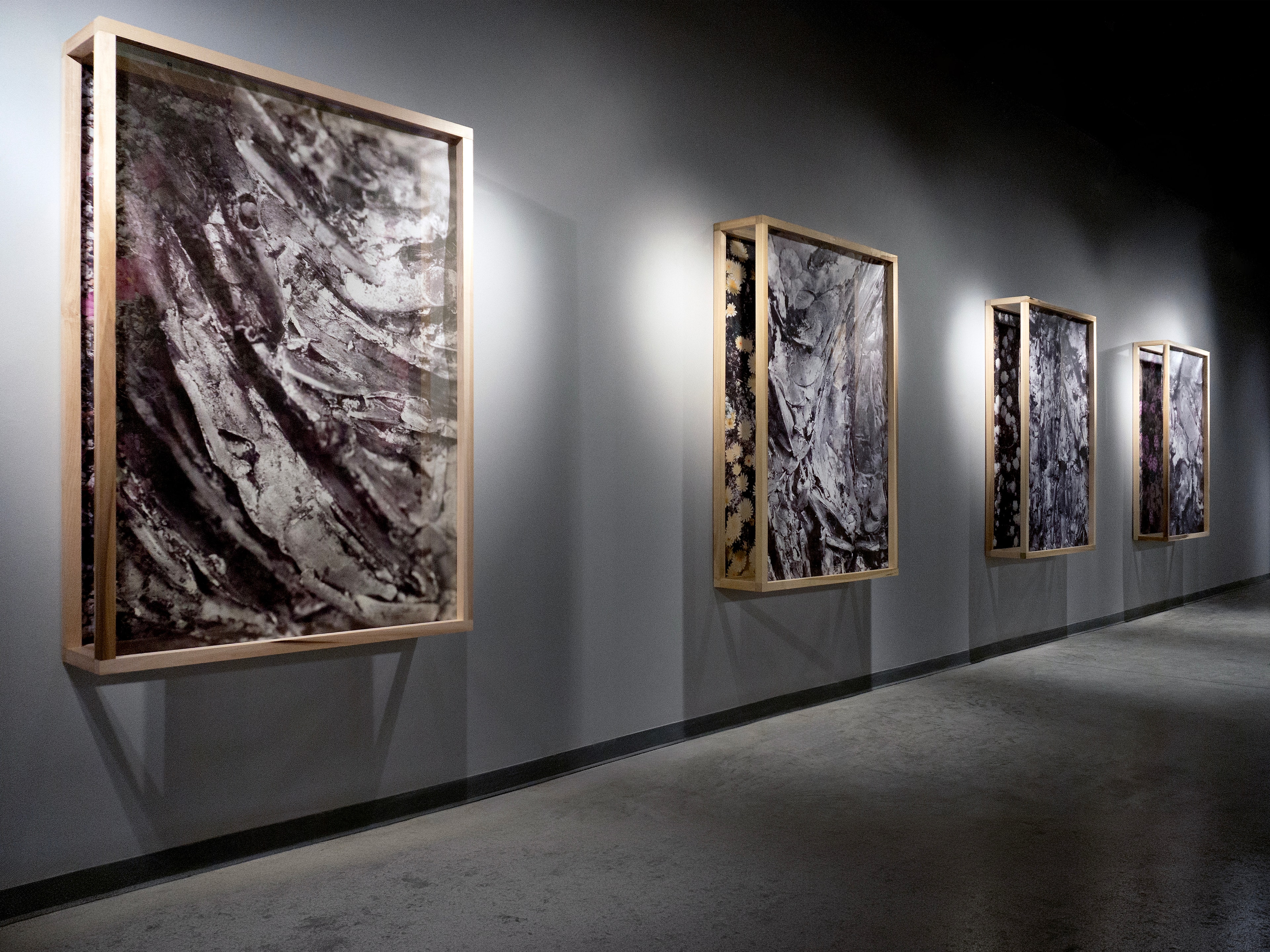 Dark gallery installation with four framed monochrome artworks along a wall
