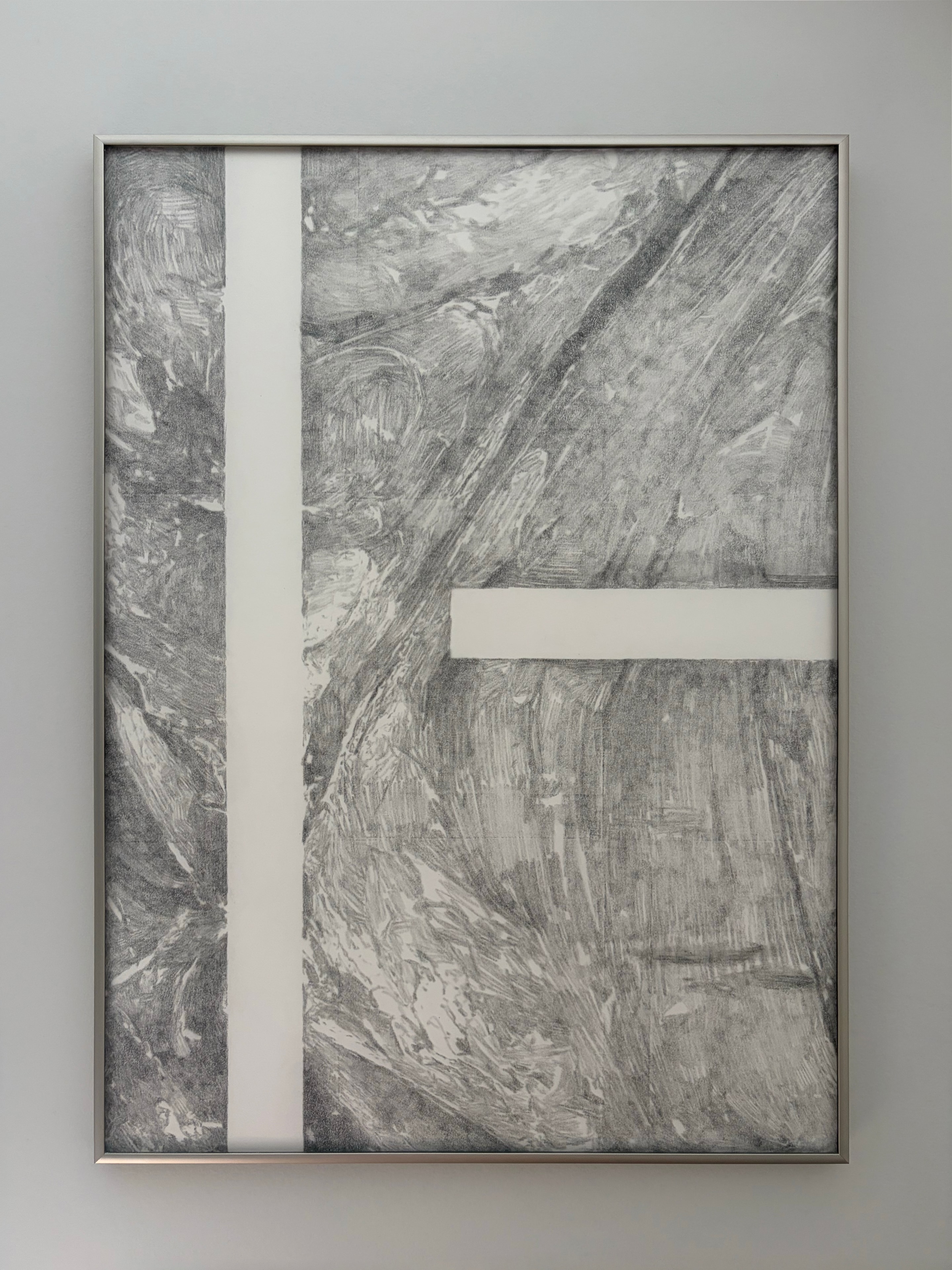 Sometimes still life (2), framed drawing with textured graphite marks and white geometric divisions on paper, 2018