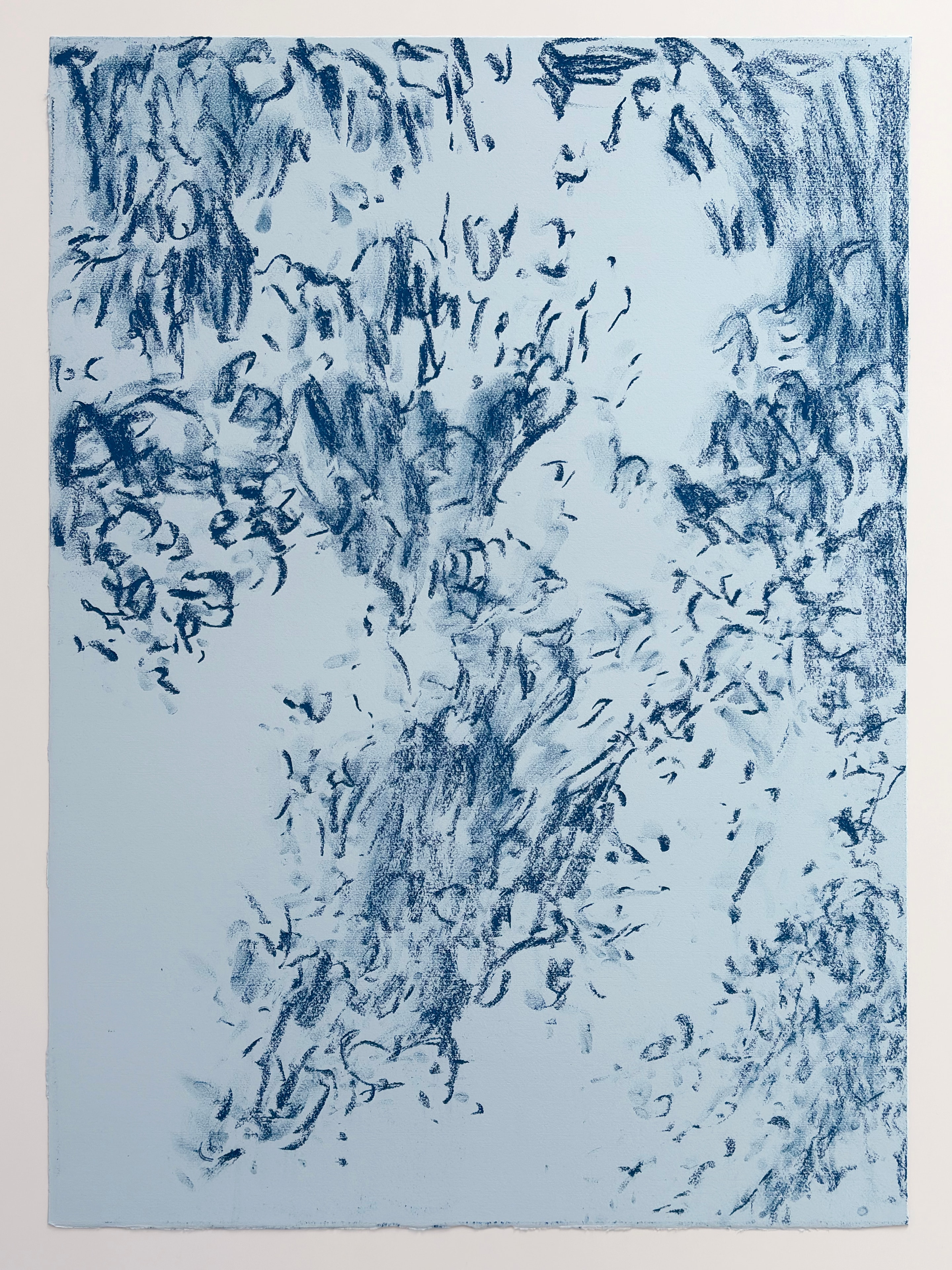 Sunlight Overhead (Breathmarks at noon #3), dark blue gestural marks on pale blue paper, 2025