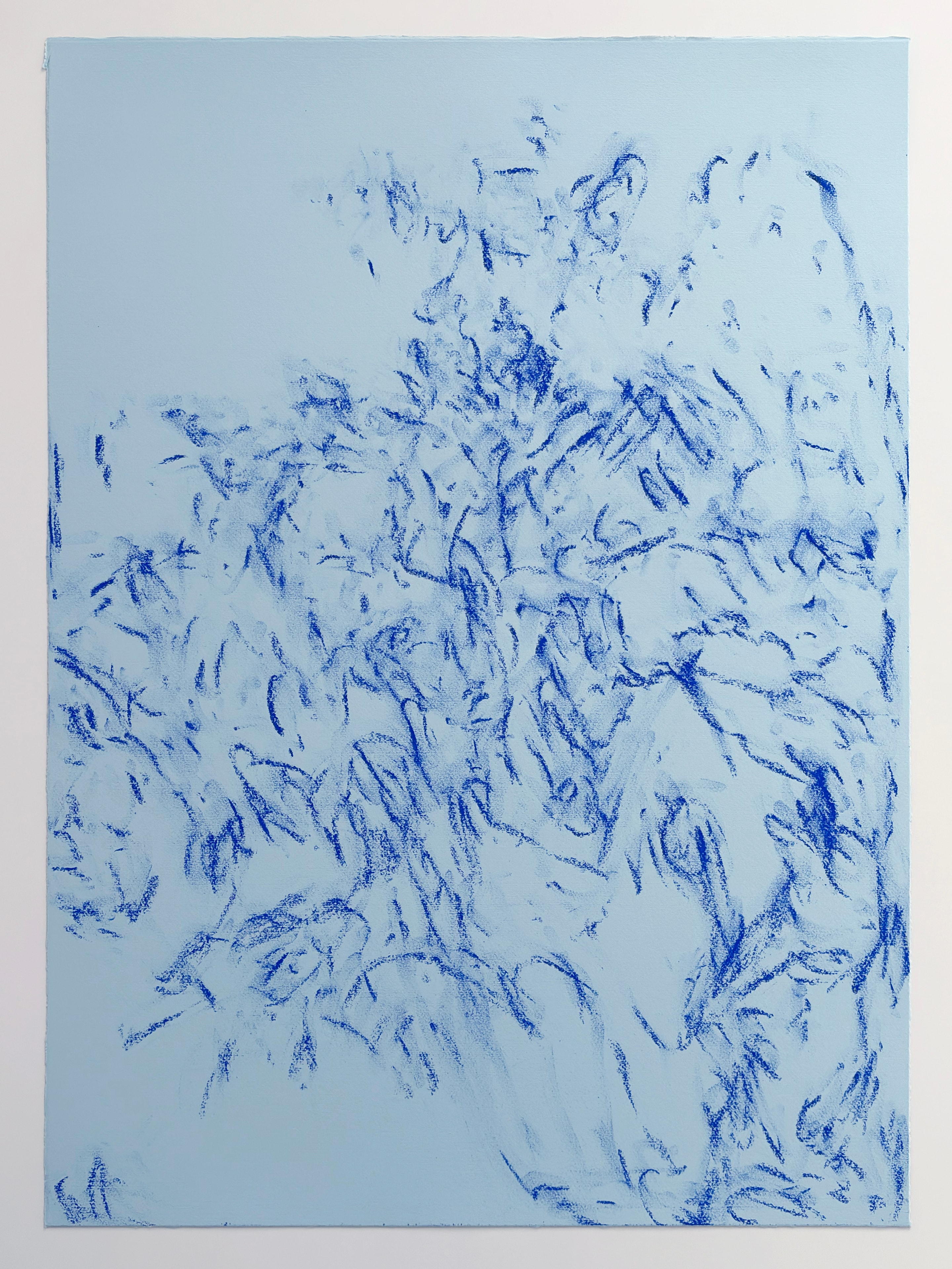 Sunlight Overhead (Breathmarks at noon #4), blue gestural marks on pale blue paper, 2025